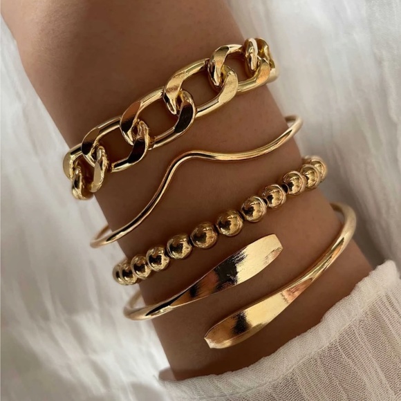 Rouge! Jewelry - Set of 4 Fashion Bracelets Link Chain Cuff Design Yellow Gold tone